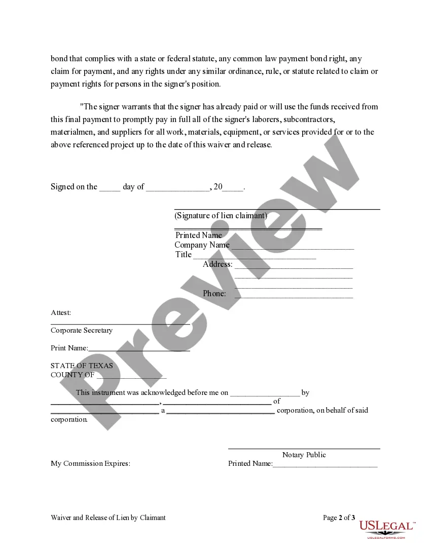 Preview Unconditional Waiver and Release of Lien on Final Payment by a corporation or LLC Claimaint