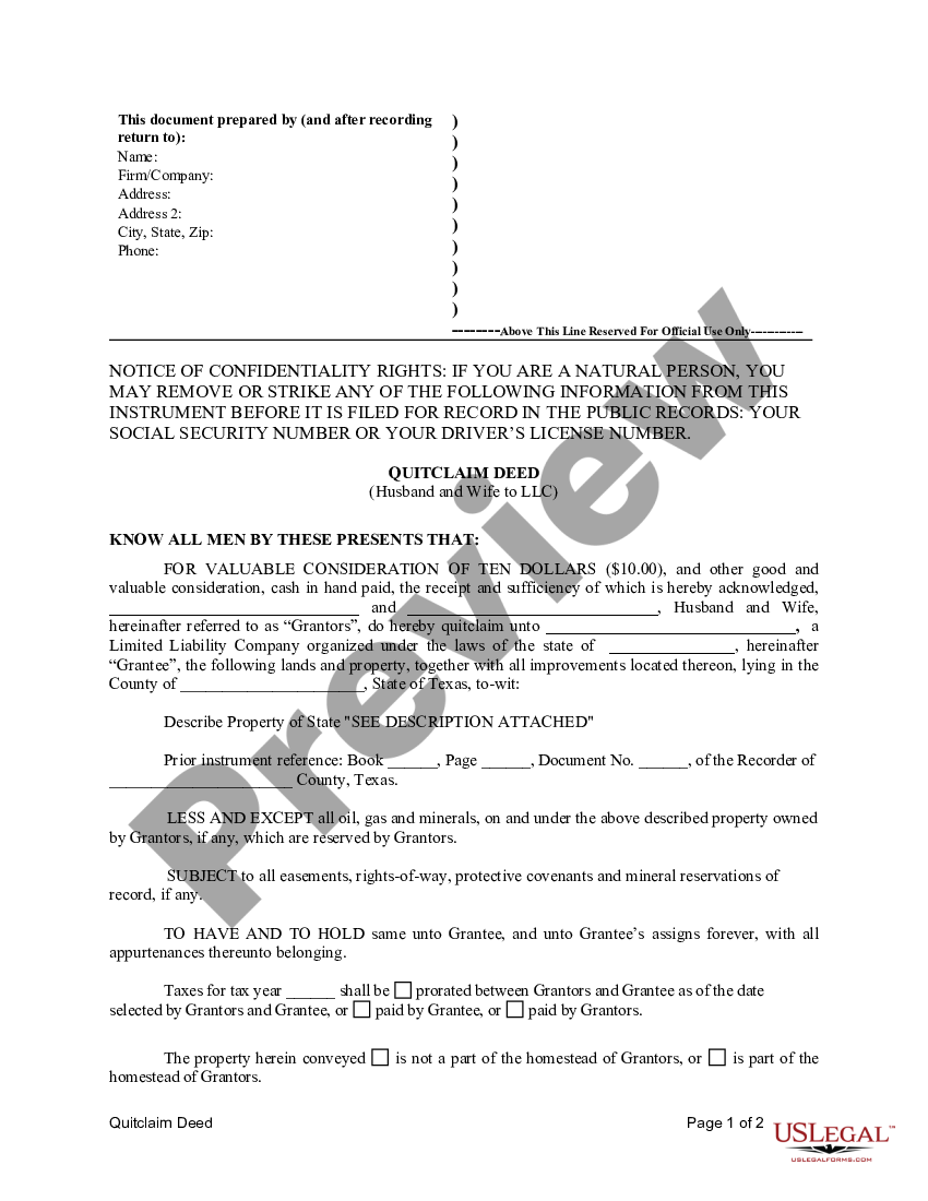 Texas Quitclaim Deed From Husband And Wife To Llc Limited Liability Company Us Legal Forms 4277