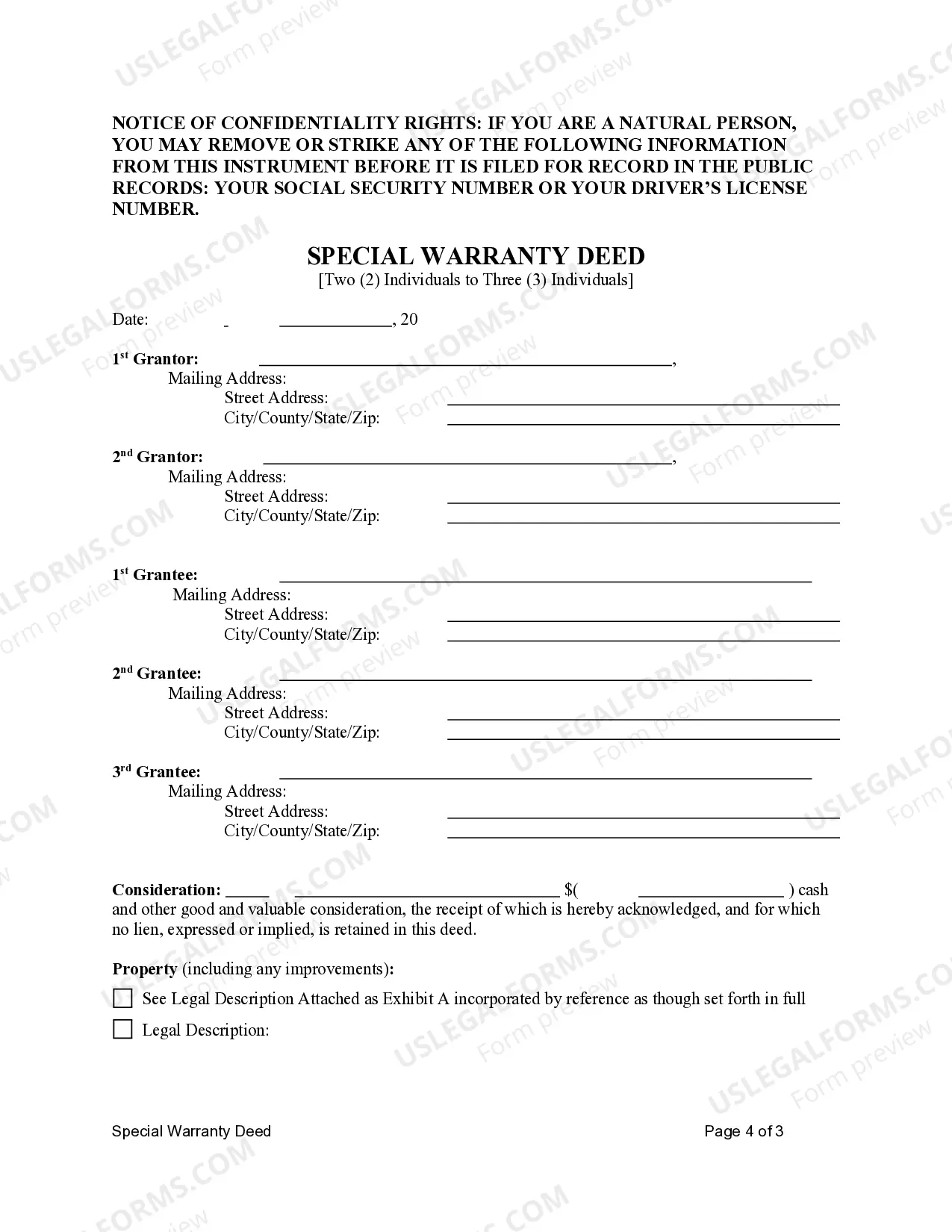 Preview Special Warranty Deed from Two Individuals to Three Individuals