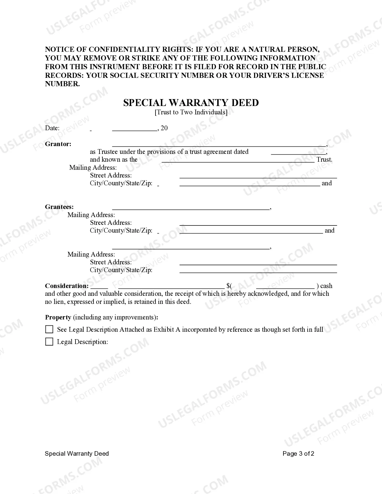 Preview Special Warranty Deed - Trust to Two Individuals as Joint Tenants with Rights of Survivorship