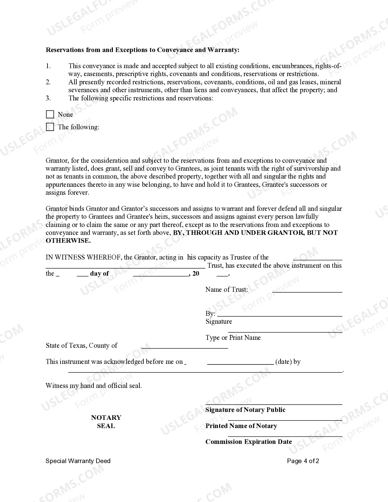 Preview Special Warranty Deed - Trust to Two Individuals as Joint Tenants with Rights of Survivorship