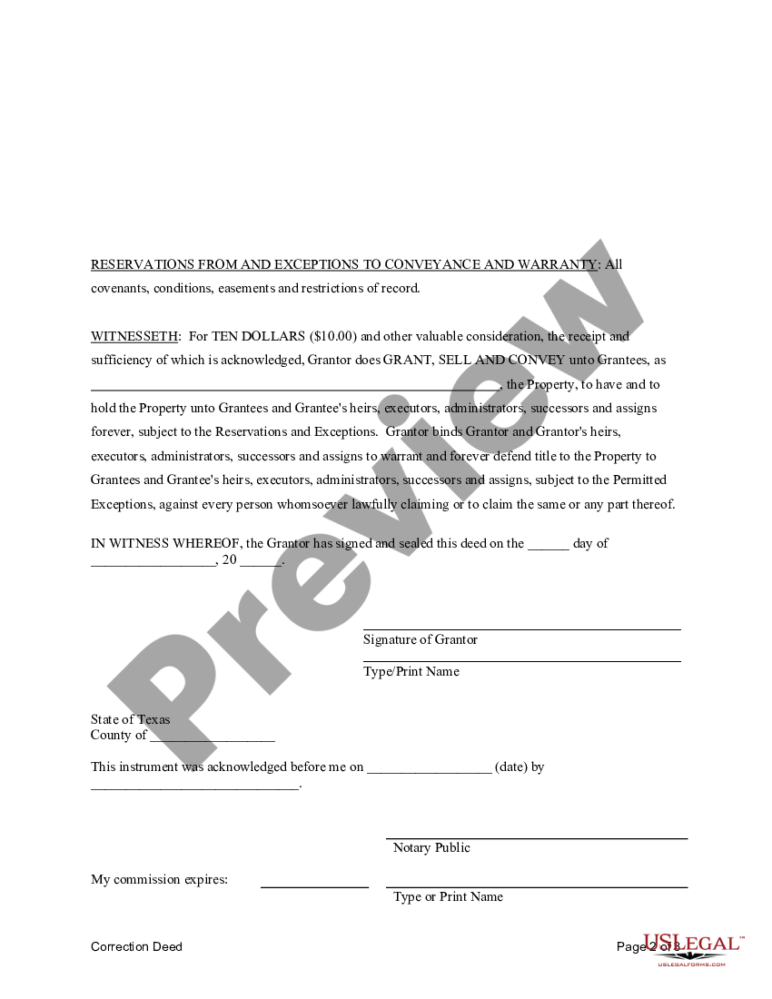 Texas Correction Warranty Deed Correction Warranty Deed Form Texas Us Legal Forms 5557