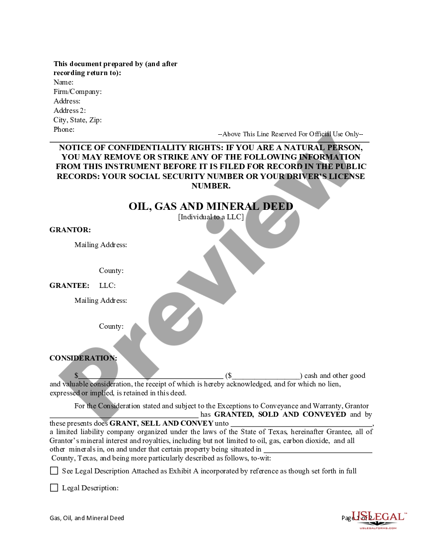 Texas Oil Gas And Mineral Deed Individual To Limited Liability Company Us Legal Forms 5697