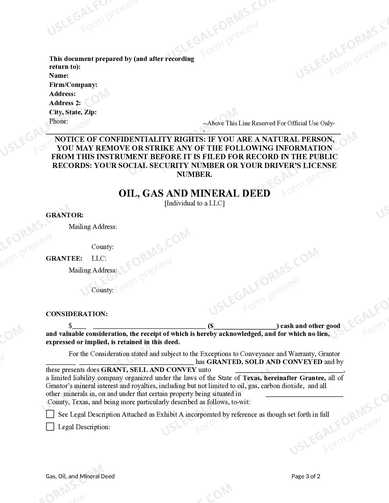 Preview Oil, Gas and Mineral Deed - Individual to Limited Liability Company