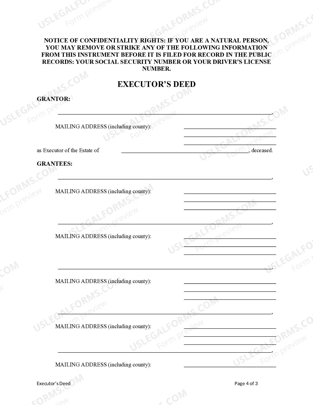 Preview Executor's Deed - Estate to Five Beneficiaries