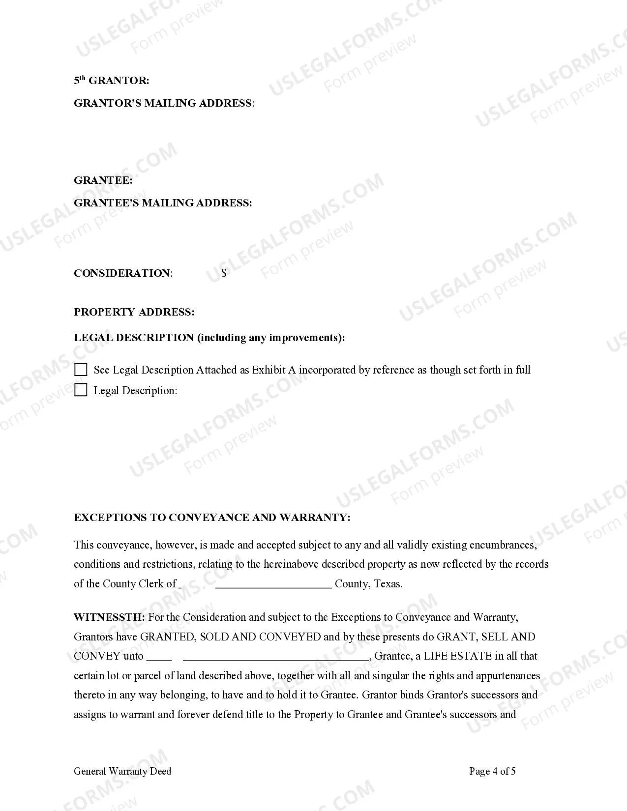 Preview General Warranty Deed Transferring Life Estate from Five Individuals to an Individual