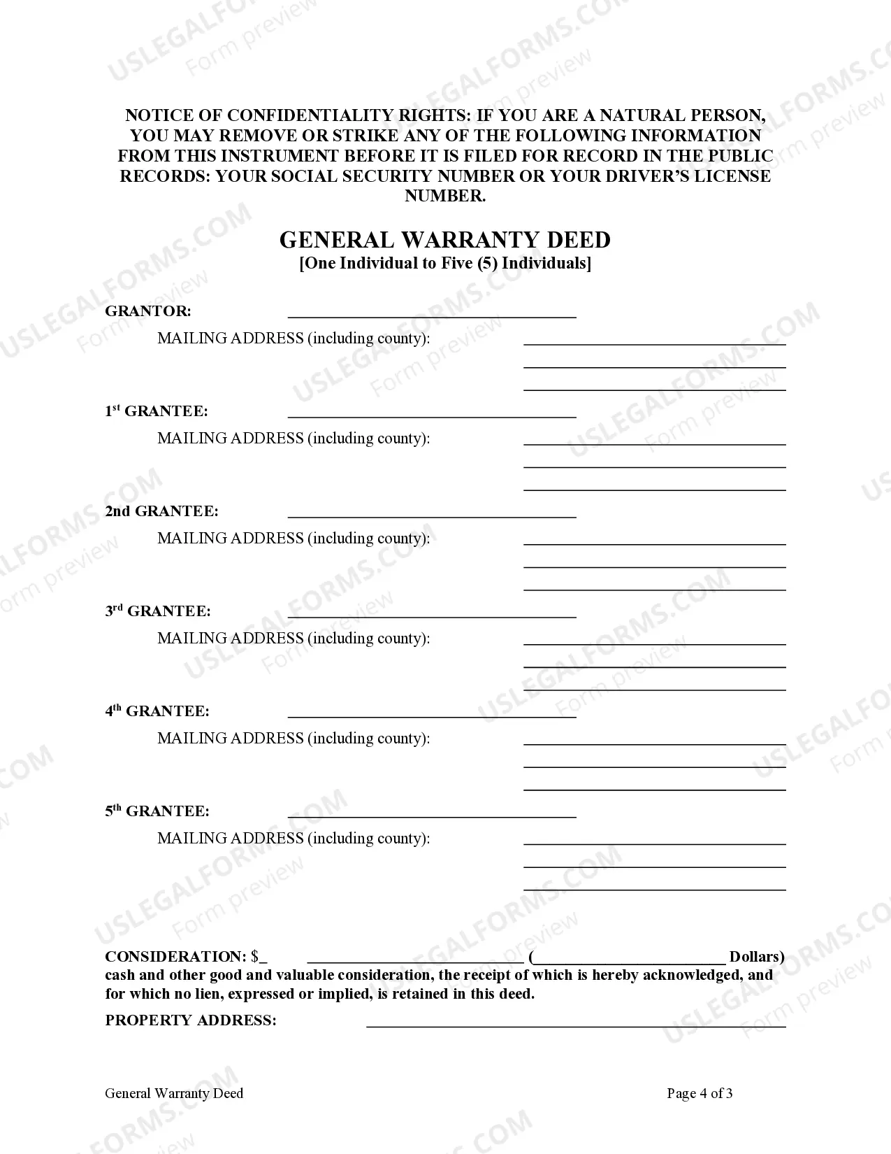 Preview General Warranty Deed from Individual to Five (5) Individuals