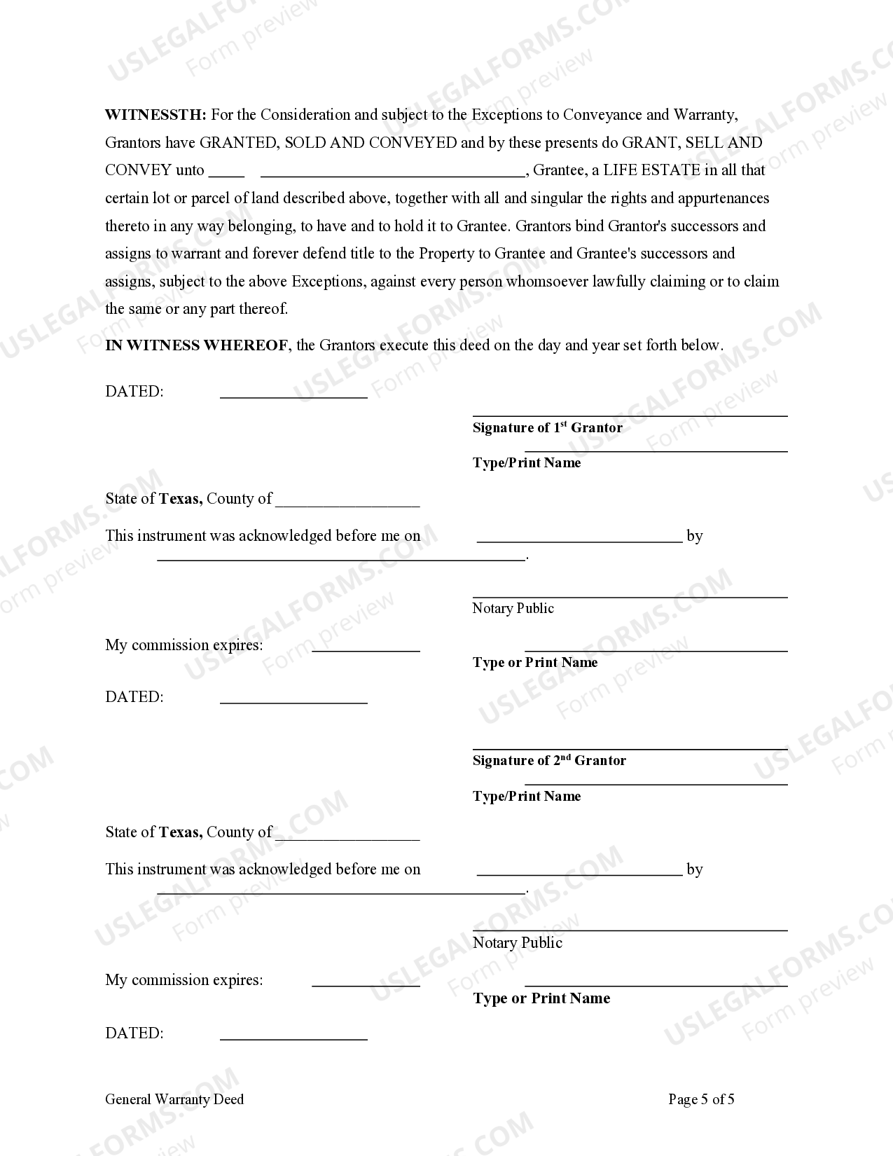 Texas General Warranty Deed Transferring Life Estate from Six