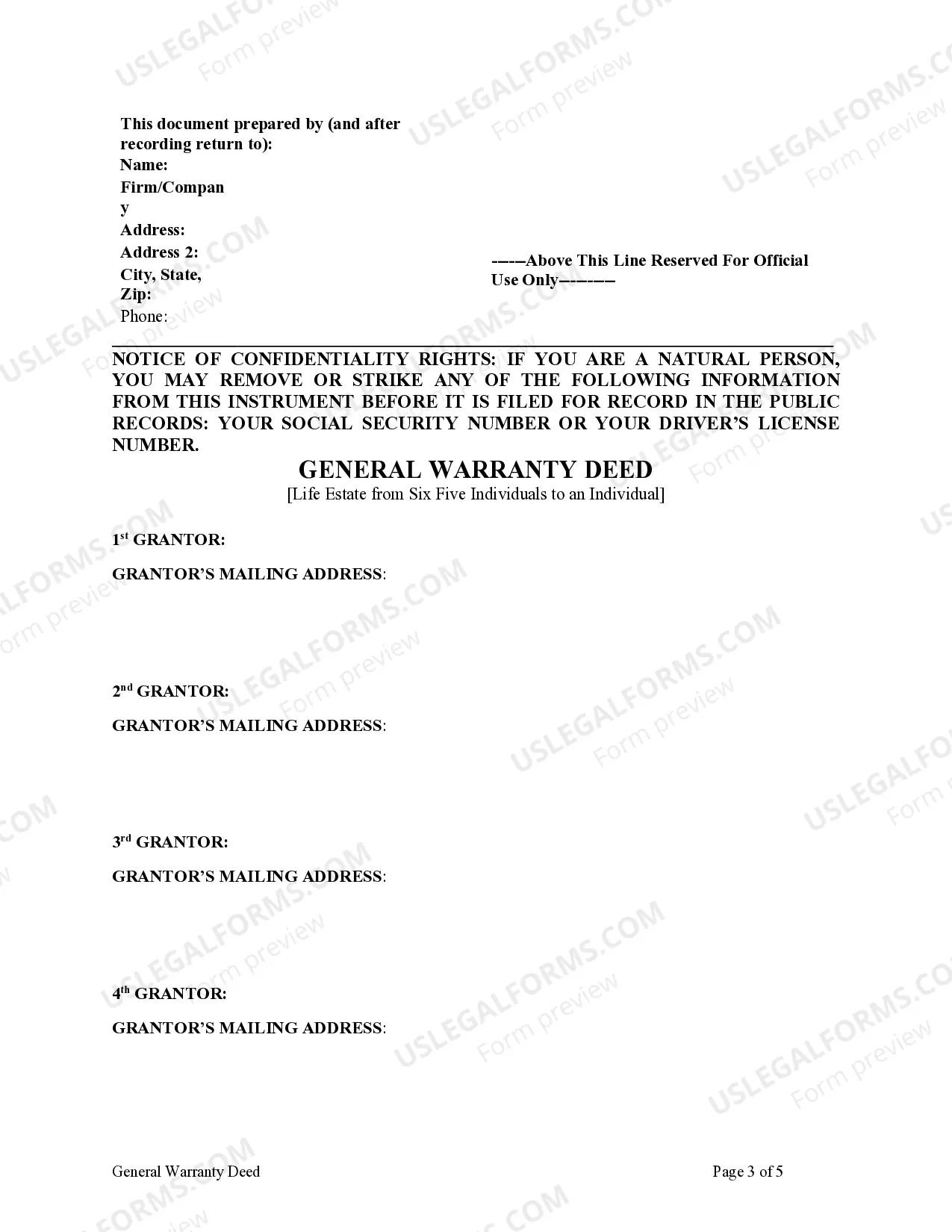 Preview General Warranty Deed Transferring Life Estate from Six Individuals to an Individual