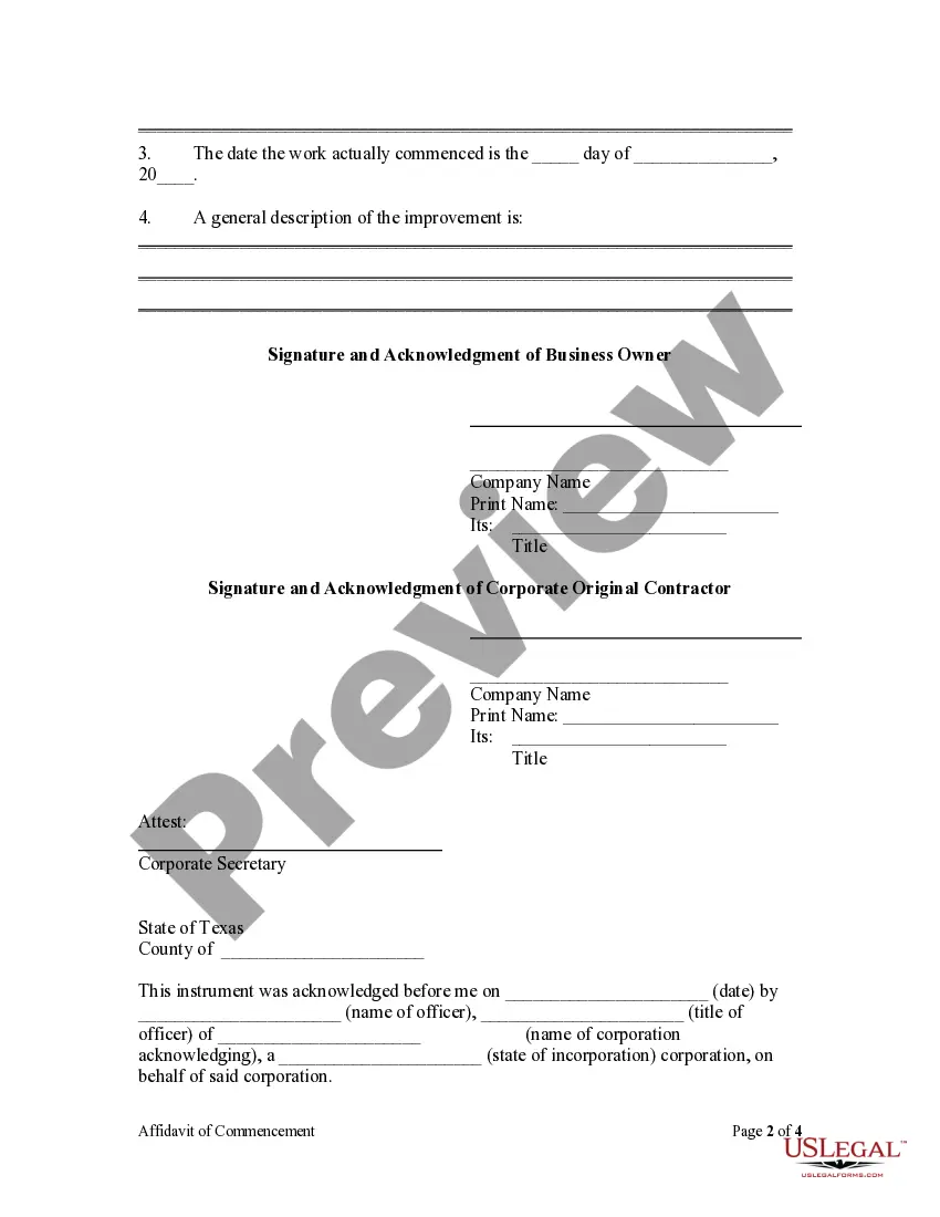 Preview Joint Affidavit by Owner and Contractor of Commencement of Construction or Materials Delivery - Mechanics Liens - Corporation
