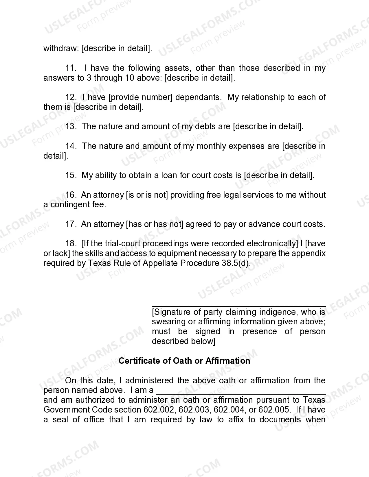 Preview Affidavit of Indigence (Appeal)