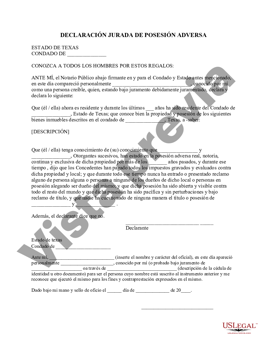 Texas Declaración jurada de posesión adversa Declaración Jurada US
