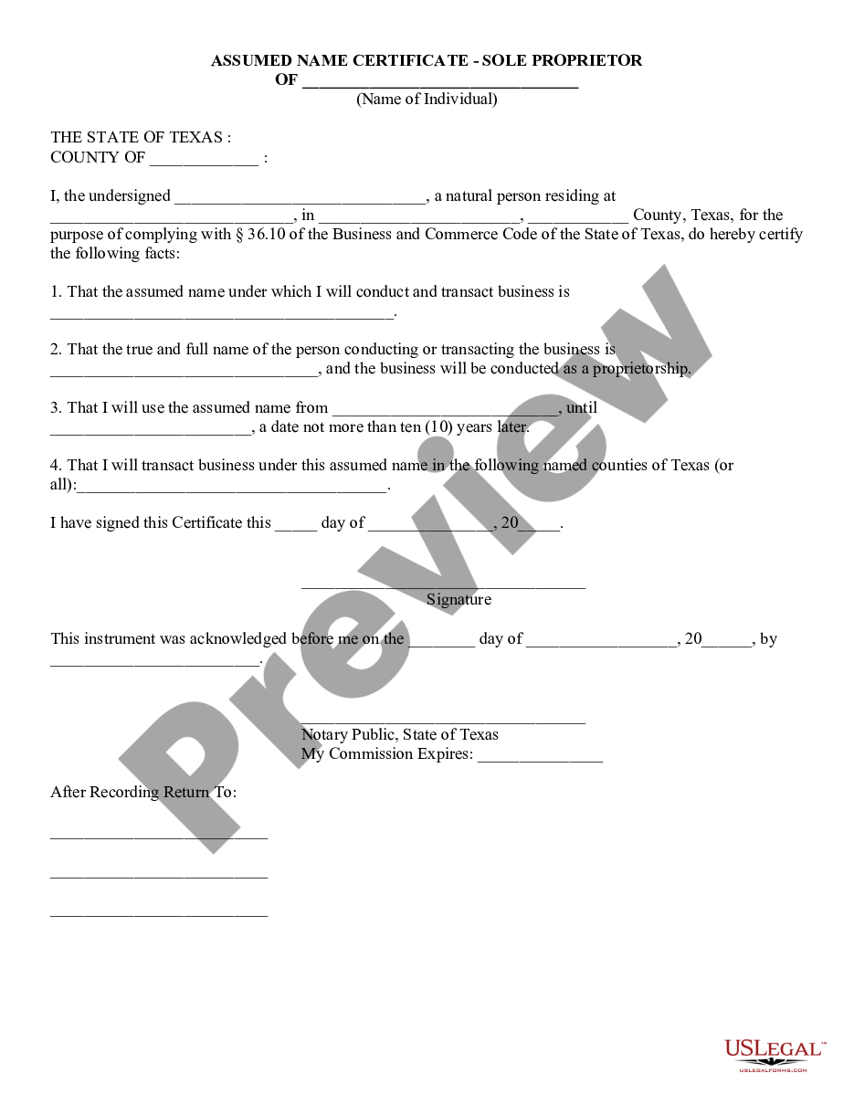 form Assumed Name Certificate - Sole Proprietor preview