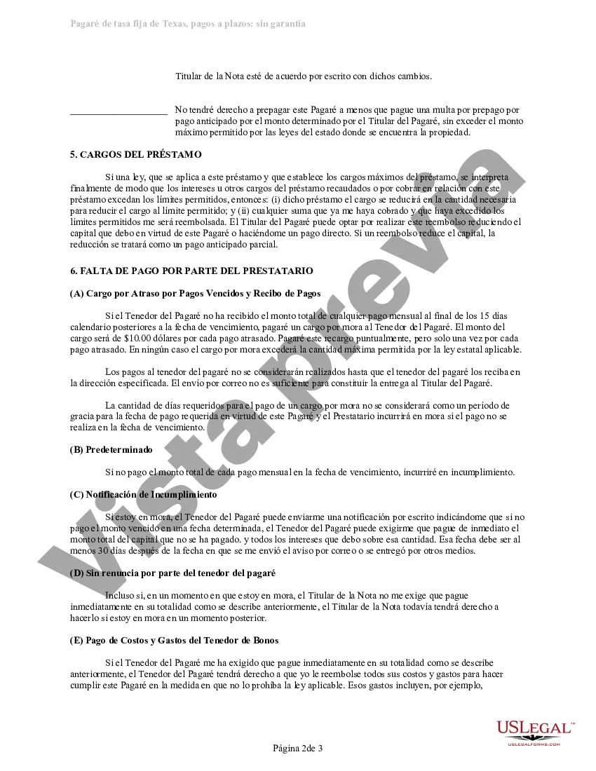 Preview Pagaré sin garantía con pagos a plazos - Tasa fija - Préstamo de firma personal