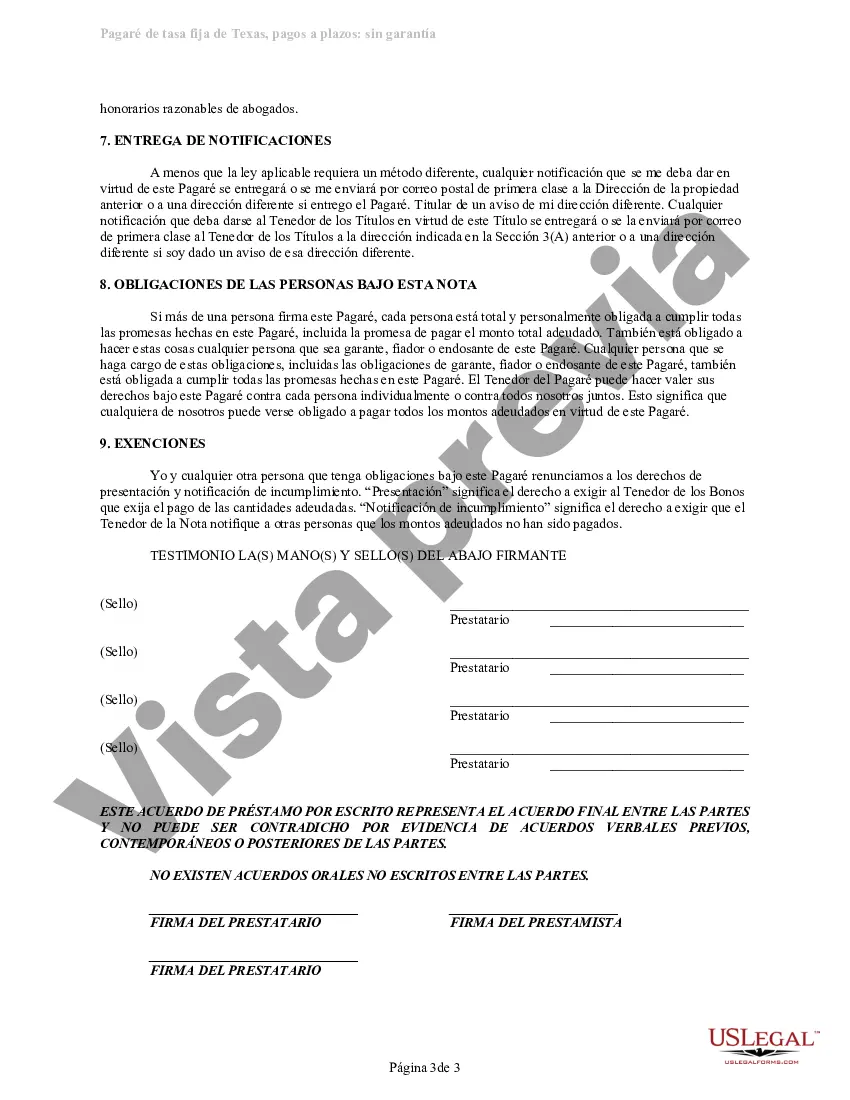 Preview Pagaré sin garantía con pagos a plazos - Tasa fija - Préstamo de firma personal