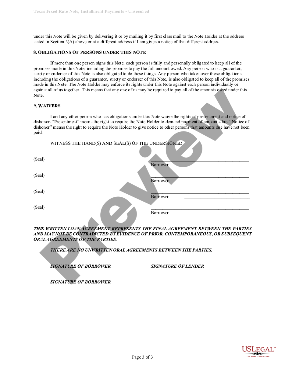 form Unsecured Promissory Note with Installment Payments - Fixed Rate - Personal Signature Loan preview