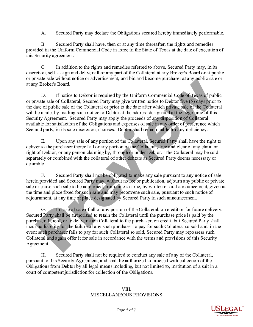 Austin Texas UCC Security agreement Ucc Security Agreement Form US