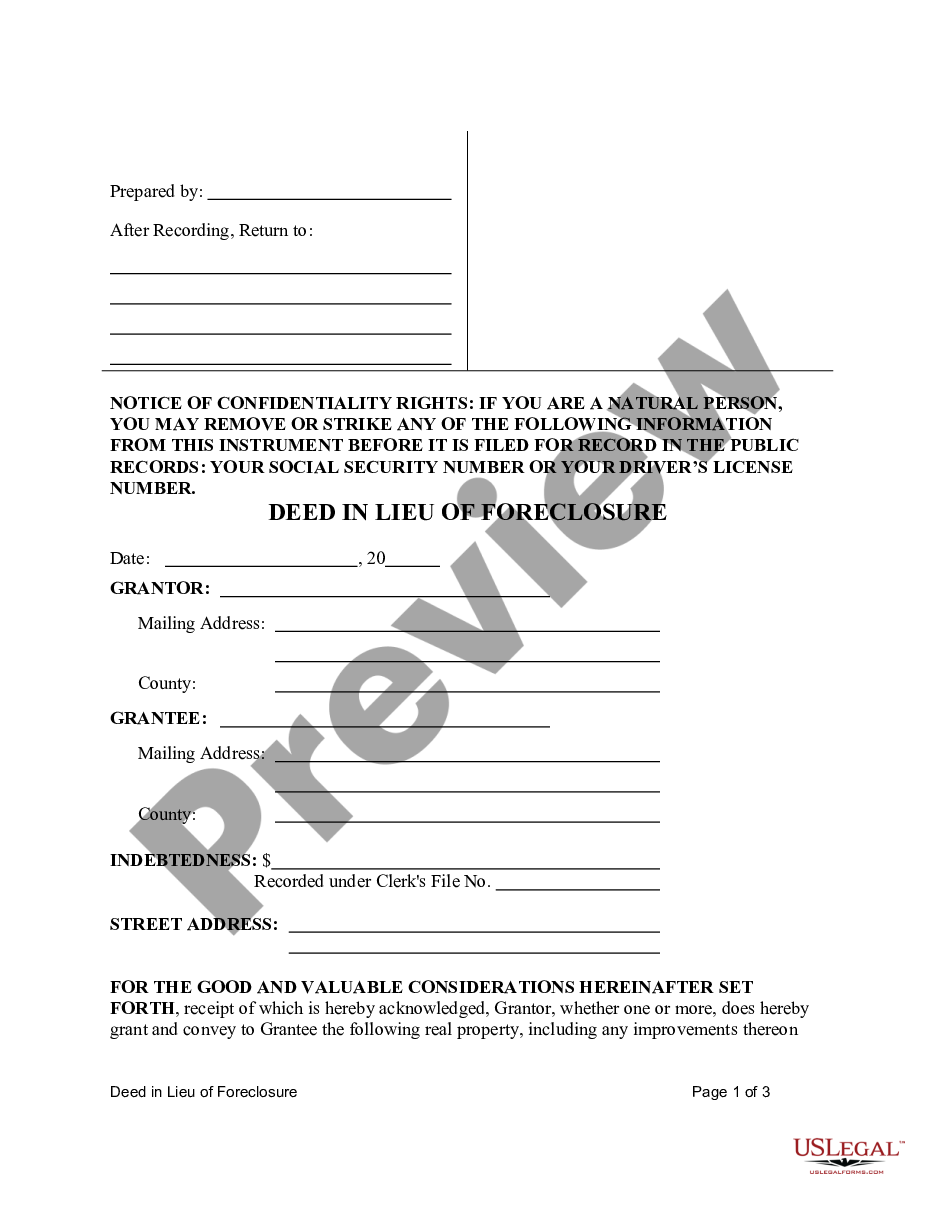 form Deed in Lieu of Foreclosure preview