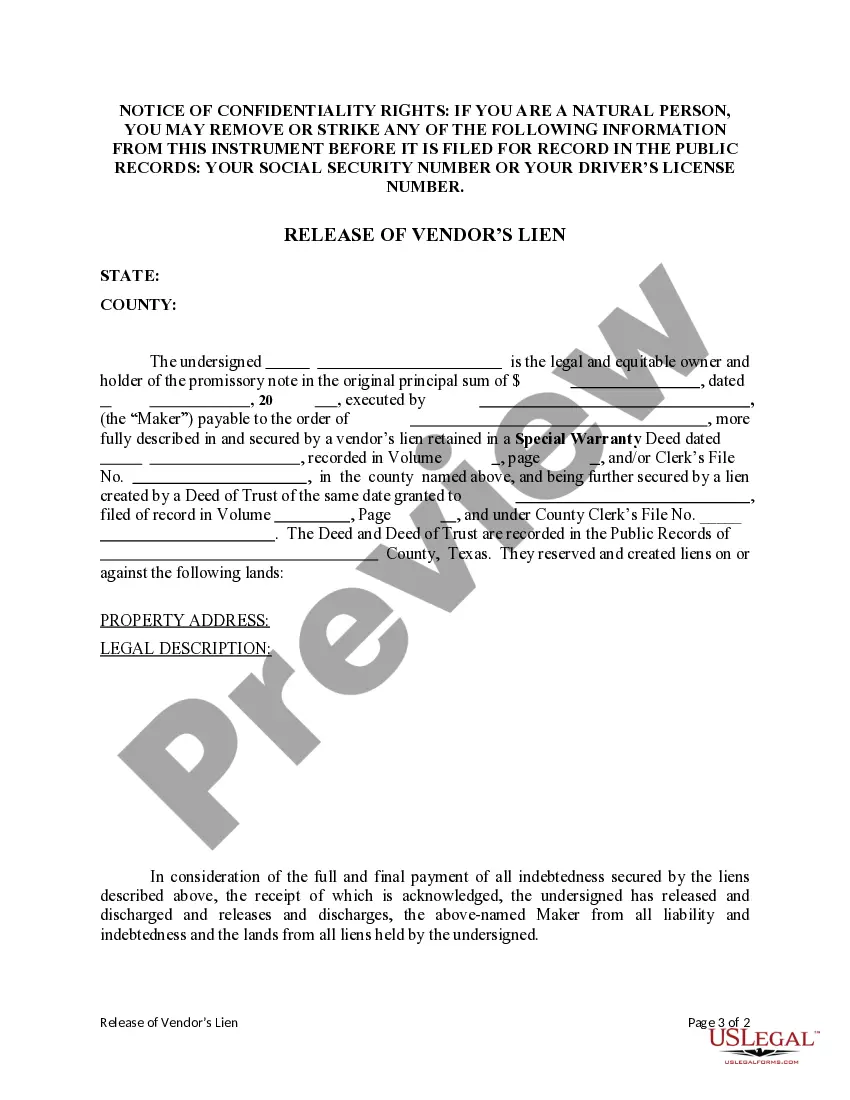 Get Release of Vendor's Lien Preview Release of Vendor's Lien