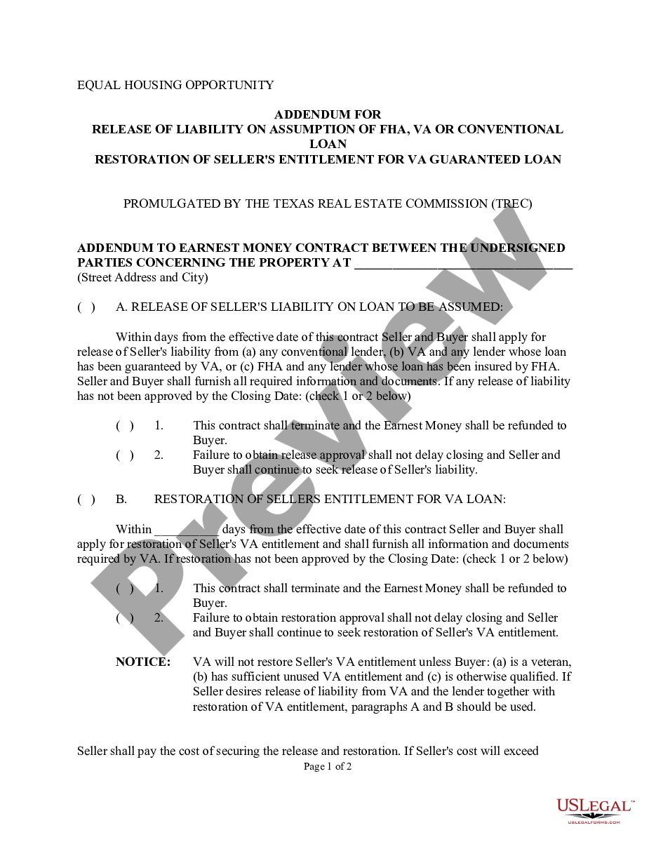 page 0 Addendum for Release of Liability on Assumption of FHA, VA or Conventional Loan, Restoration of Seller's Entitlement for VA Guaranteed Loan preview