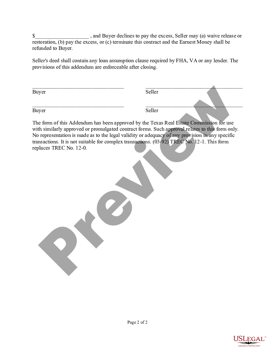 page 1 Addendum for Release of Liability on Assumption of FHA, VA or Conventional Loan, Restoration of Seller's Entitlement for VA Guaranteed Loan preview