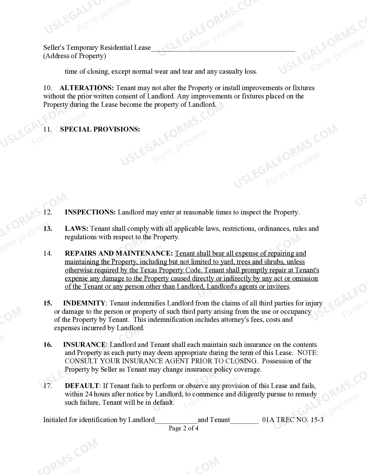 Preview Sellers Temporary Residential Lease
