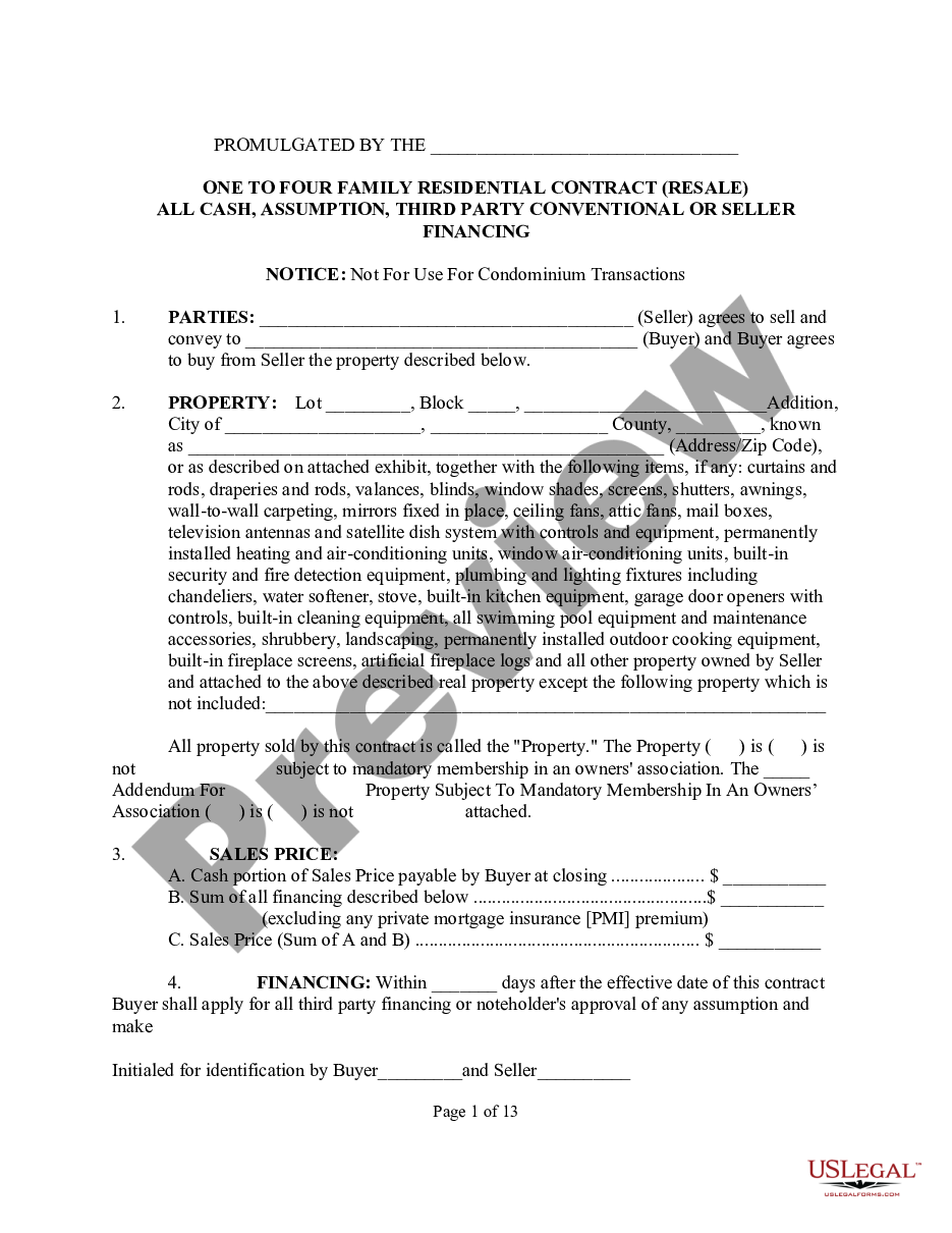 page 0 One to Four Family Residential Contract - Resale - All Cash, Assumption, Third Party Conventional or Seller Financing preview