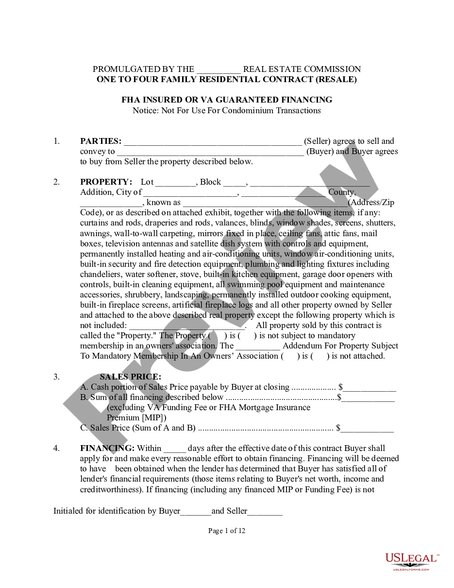 page 0 One to Four Family Residential Contract - Resale - FHA Insured or VA Guaranteed Financing preview
