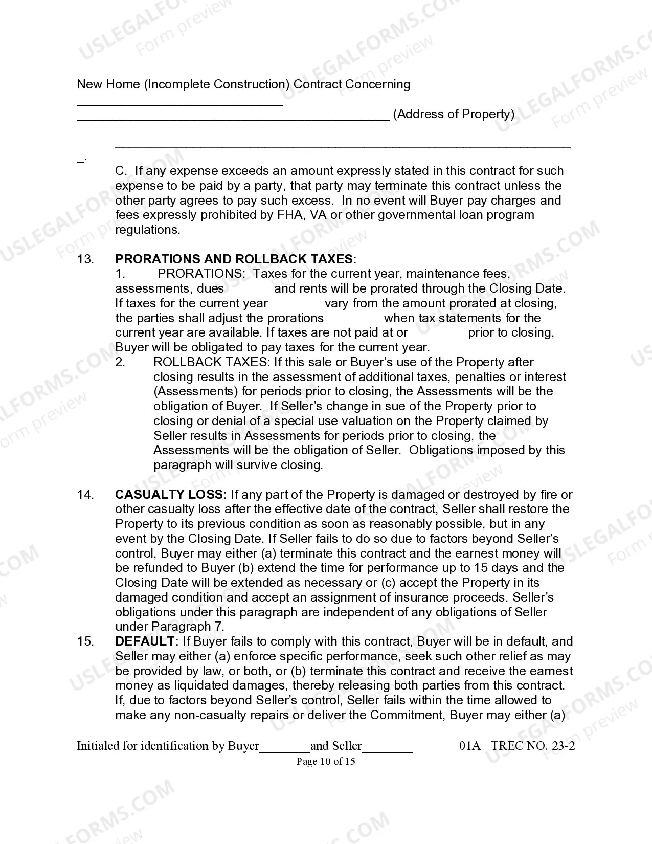 Preview New Home Contract (Incomplete Construction)