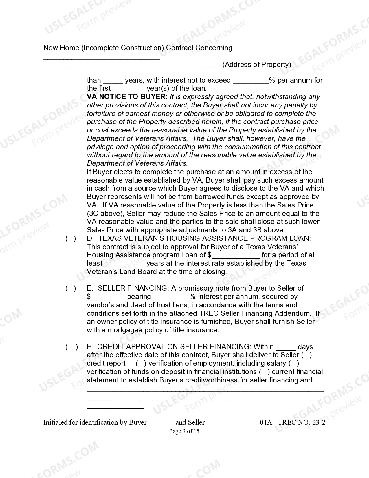 Preview New Home Contract (Incomplete Construction)