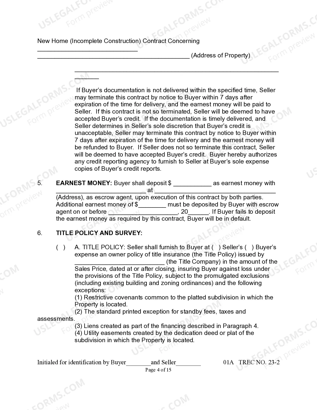Preview New Home Contract (Incomplete Construction)