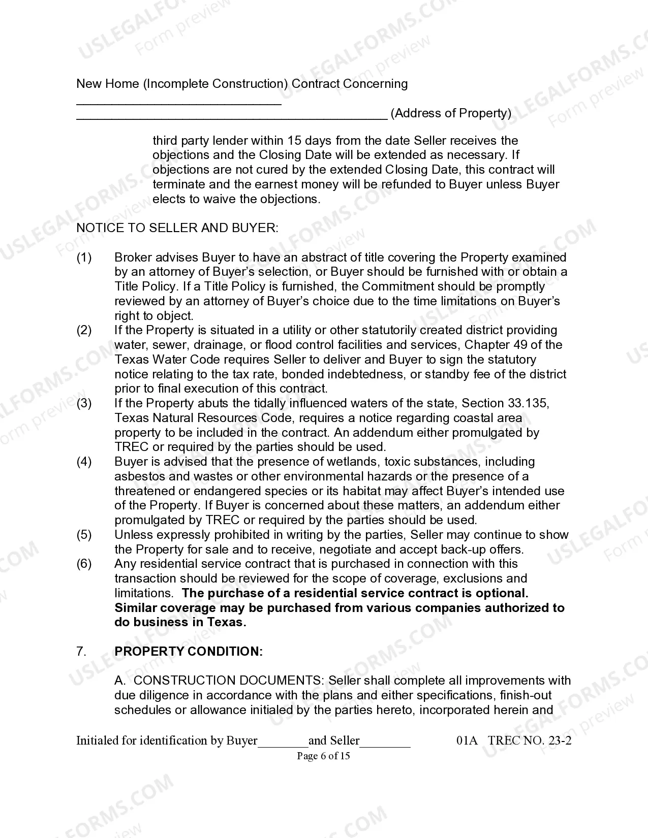 Preview New Home Contract (Incomplete Construction)