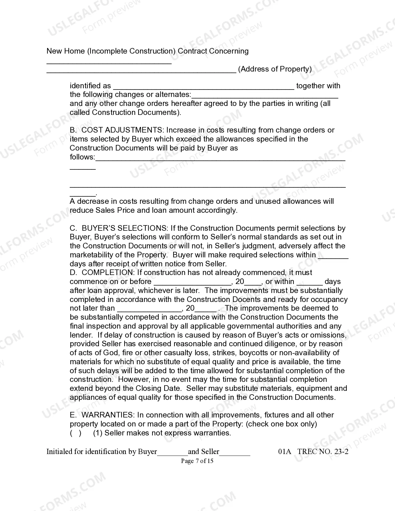 Preview New Home Contract (Incomplete Construction)