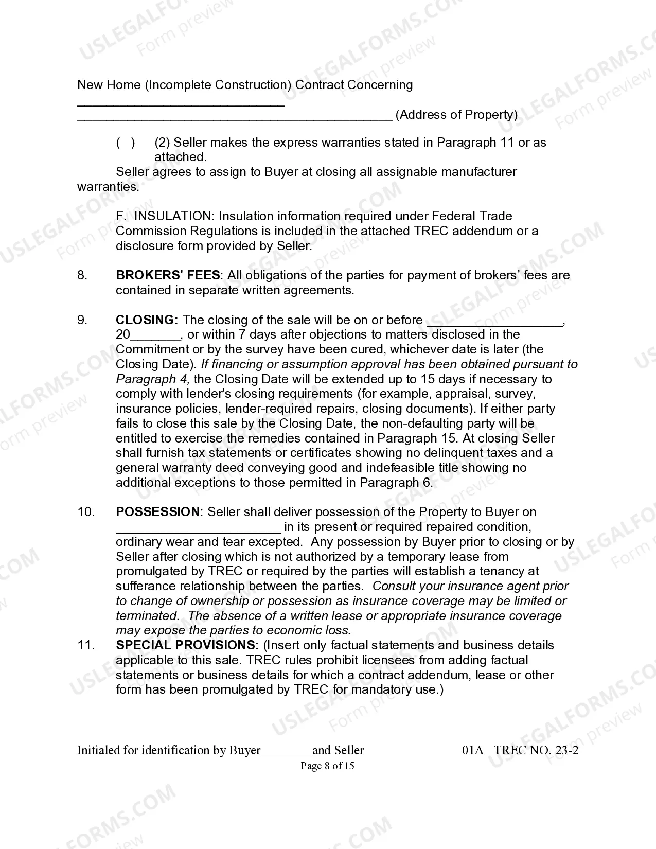 Preview New Home Contract (Incomplete Construction)