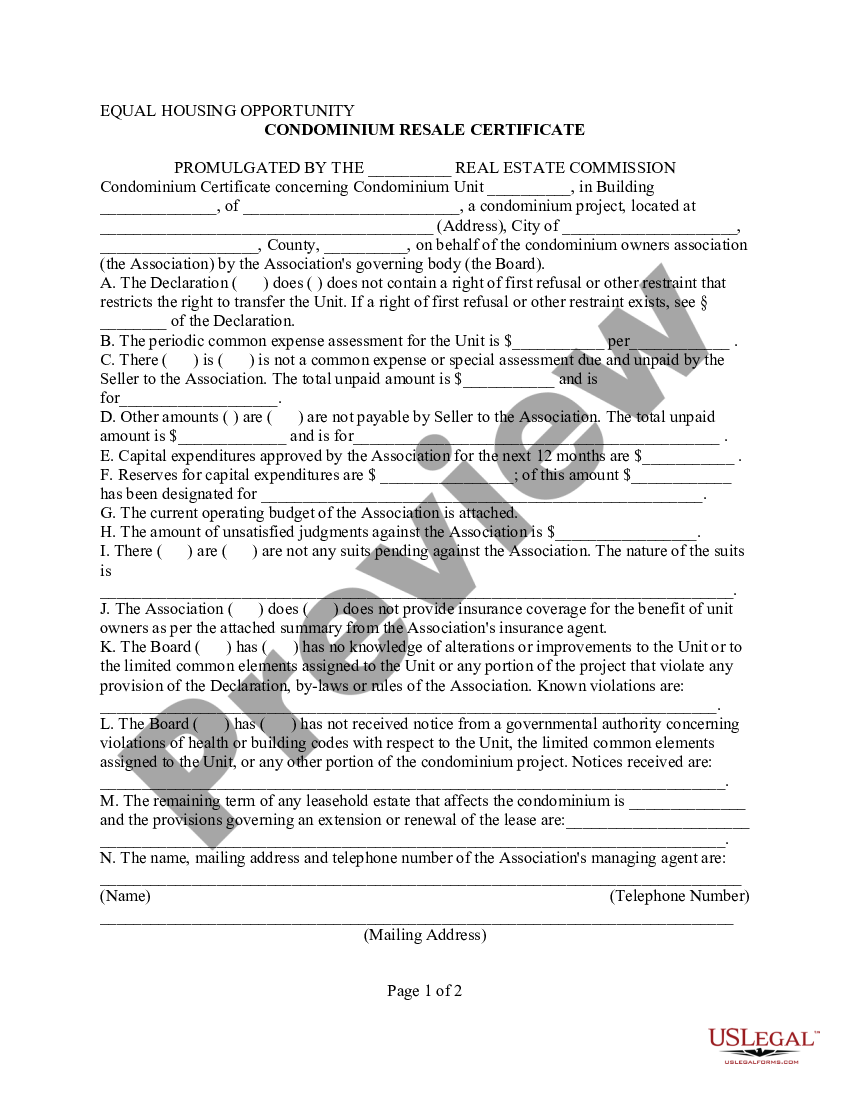 Texas Condominium Resale Certificate Condo Resale Certificate Us Legal Forms 7327