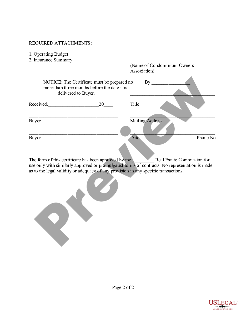 page 1 Condominium Resale Certificate preview