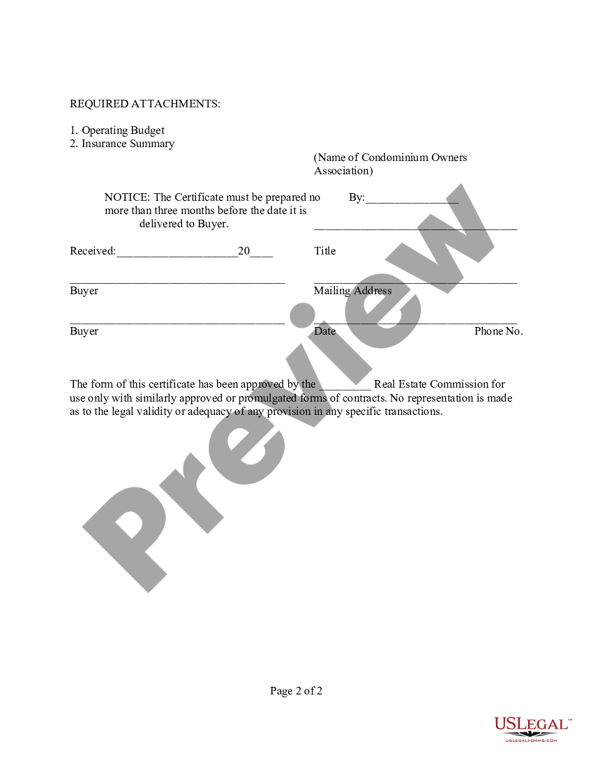 Texas Condominium Resale Certificate Texas Condominium US Legal Forms