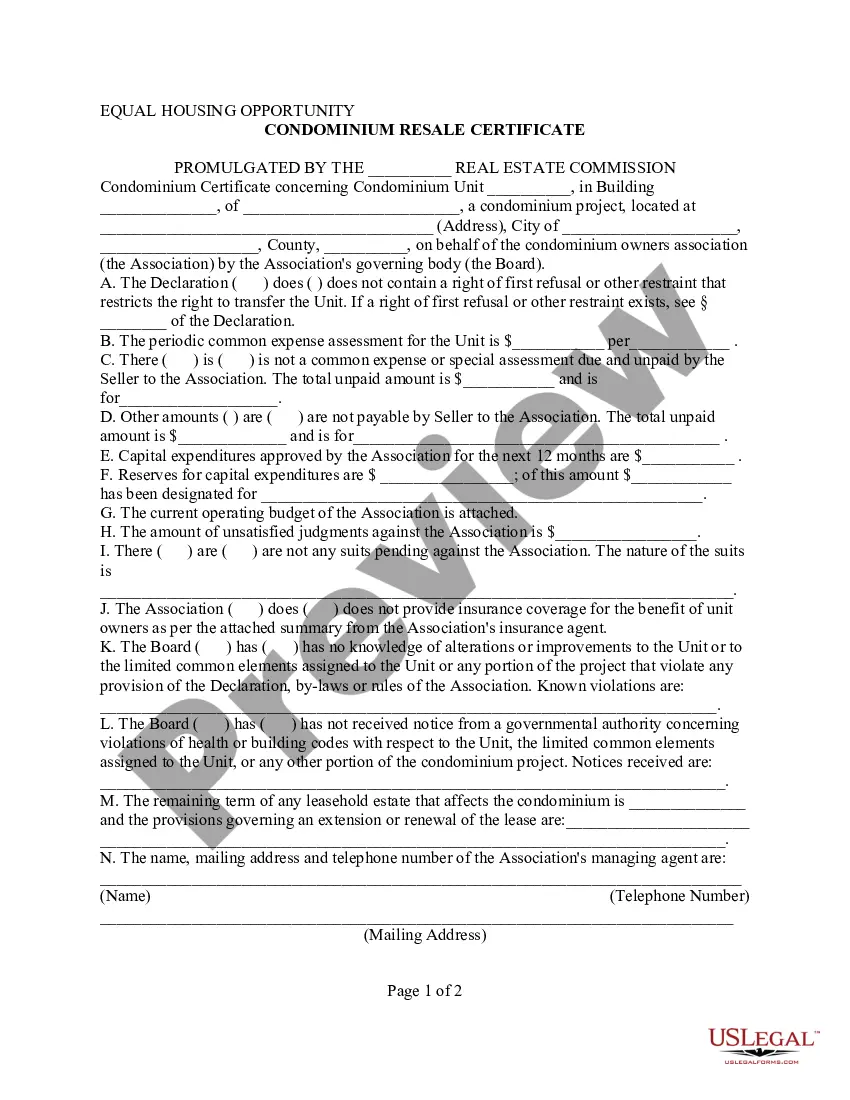 Plano Texas Condominium Resale Certificate Condo Resale Certificate Us Legal Forms 9800