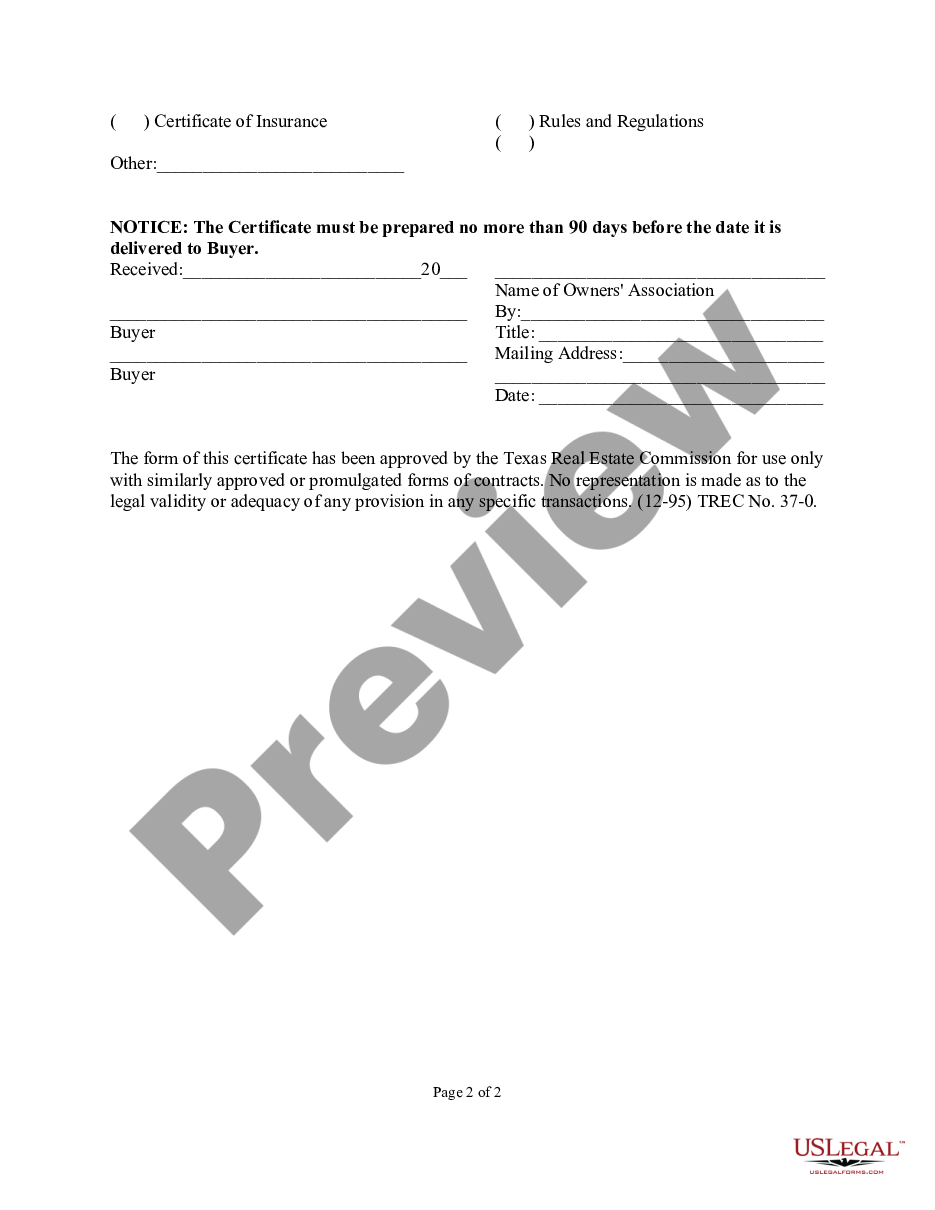 form Resale Certificate for Property Subject to Mandatory Membership in an Owners' Association preview