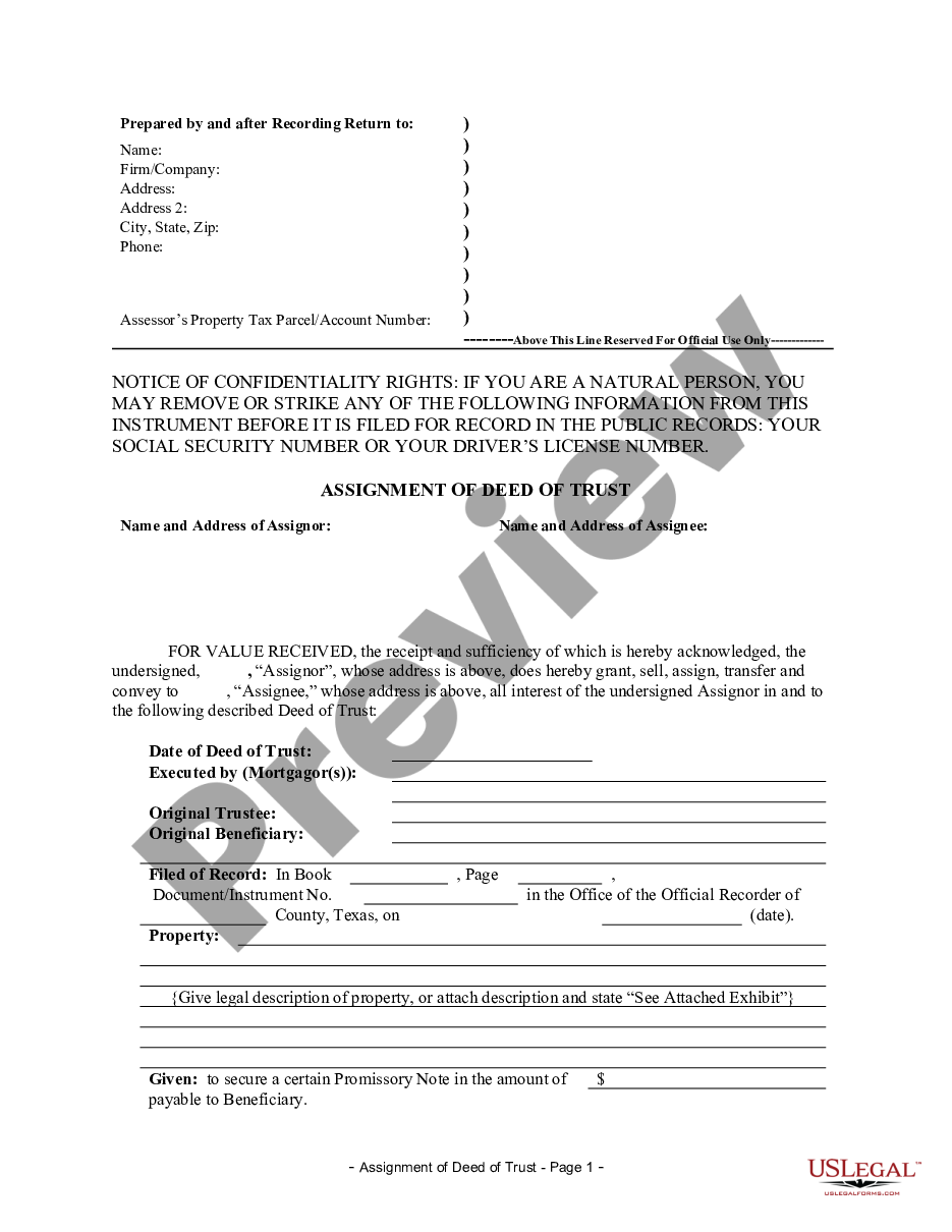 Texas Assignment of Deed of Trust by Individual Mortgage Holder