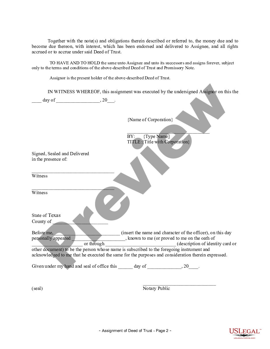 Texas Assignment of Deed of Trust by Corporate Mortgage Holder Po Box