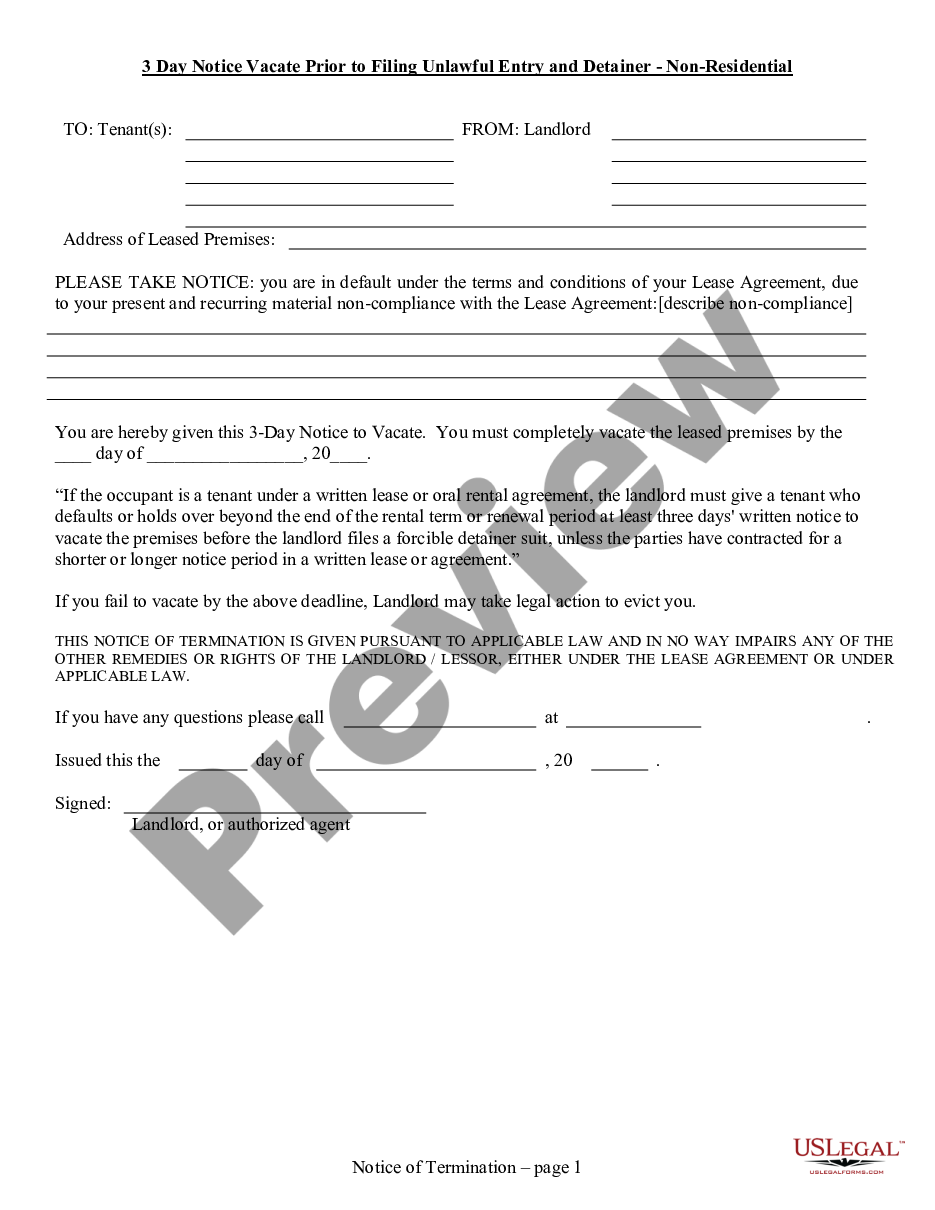page 0 3 Day Notice to Vacate Prior to Filing Unlawful Entry and Detainer - Nonresidential preview