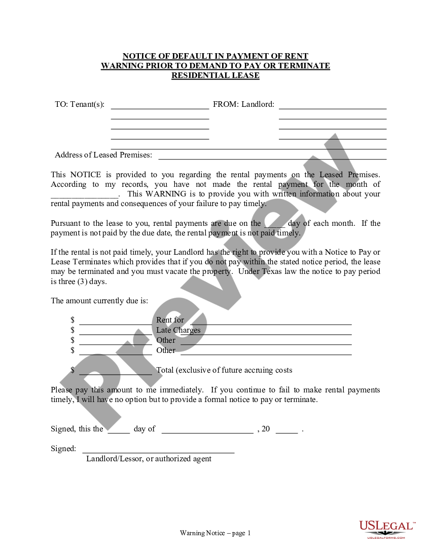 Texas Notice Of Default In Payment Of Rent As Warning Prior To Demand To Pay Or Terminate For 0492