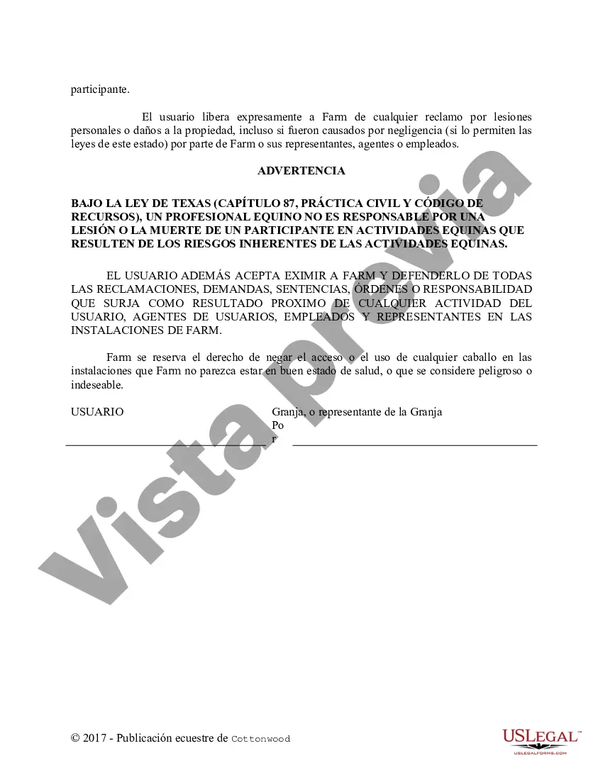 Preview Acuerdo de liberación de instalaciones - Espectáculo o clínica - Formularios equinos de caballos