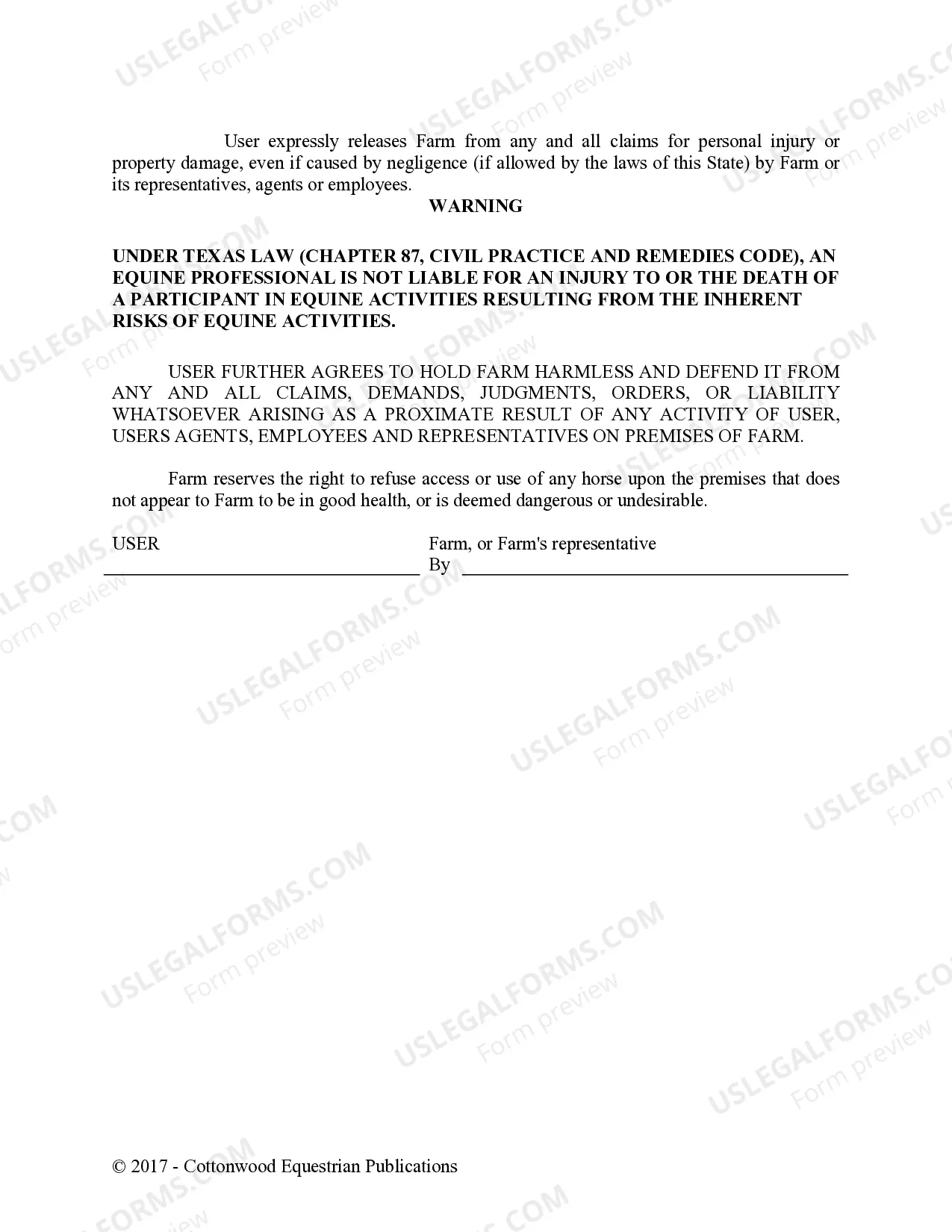 Preview Facility Release Agreement - Show Or Clinic - Horse Equine Forms