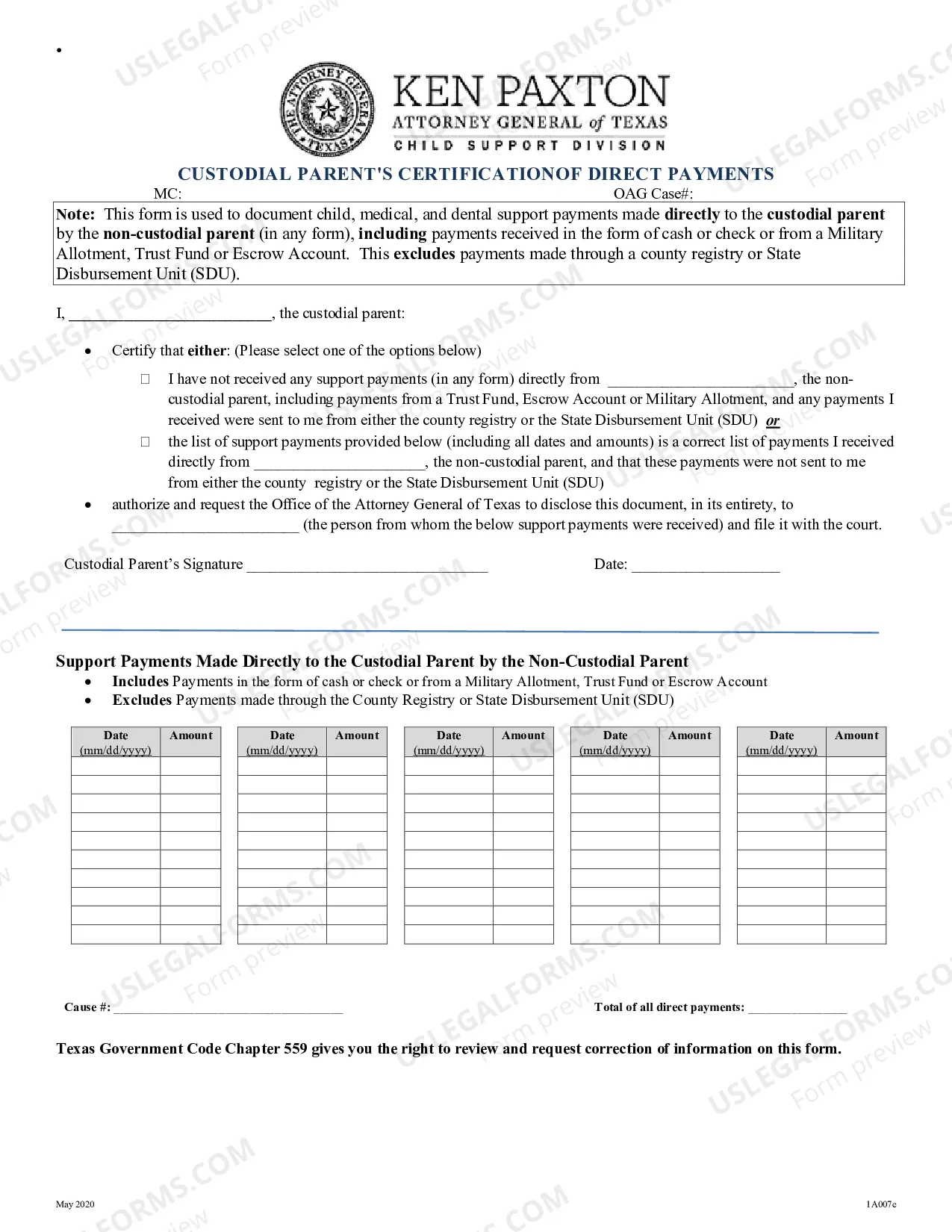 Preview Custodial Parents Affidavit of Direct Payments