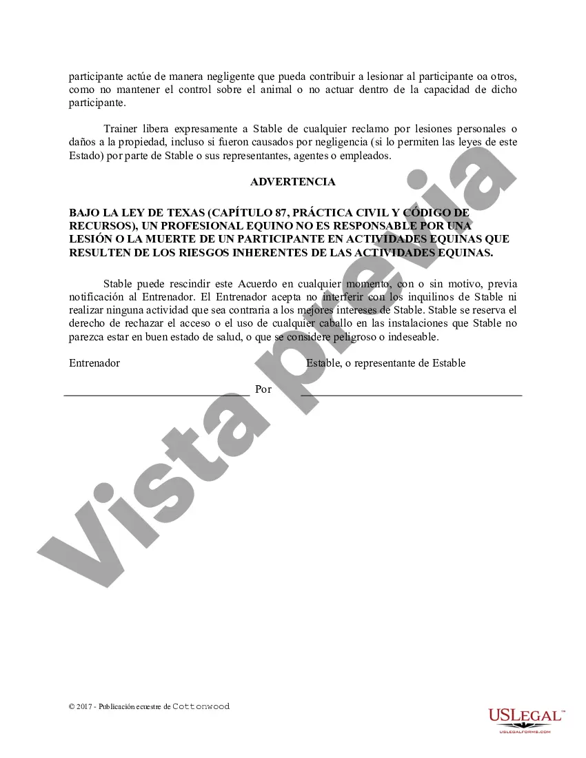 Preview Acuerdo de uso de las instalaciones del entrenador - Formularios equinos de caballos