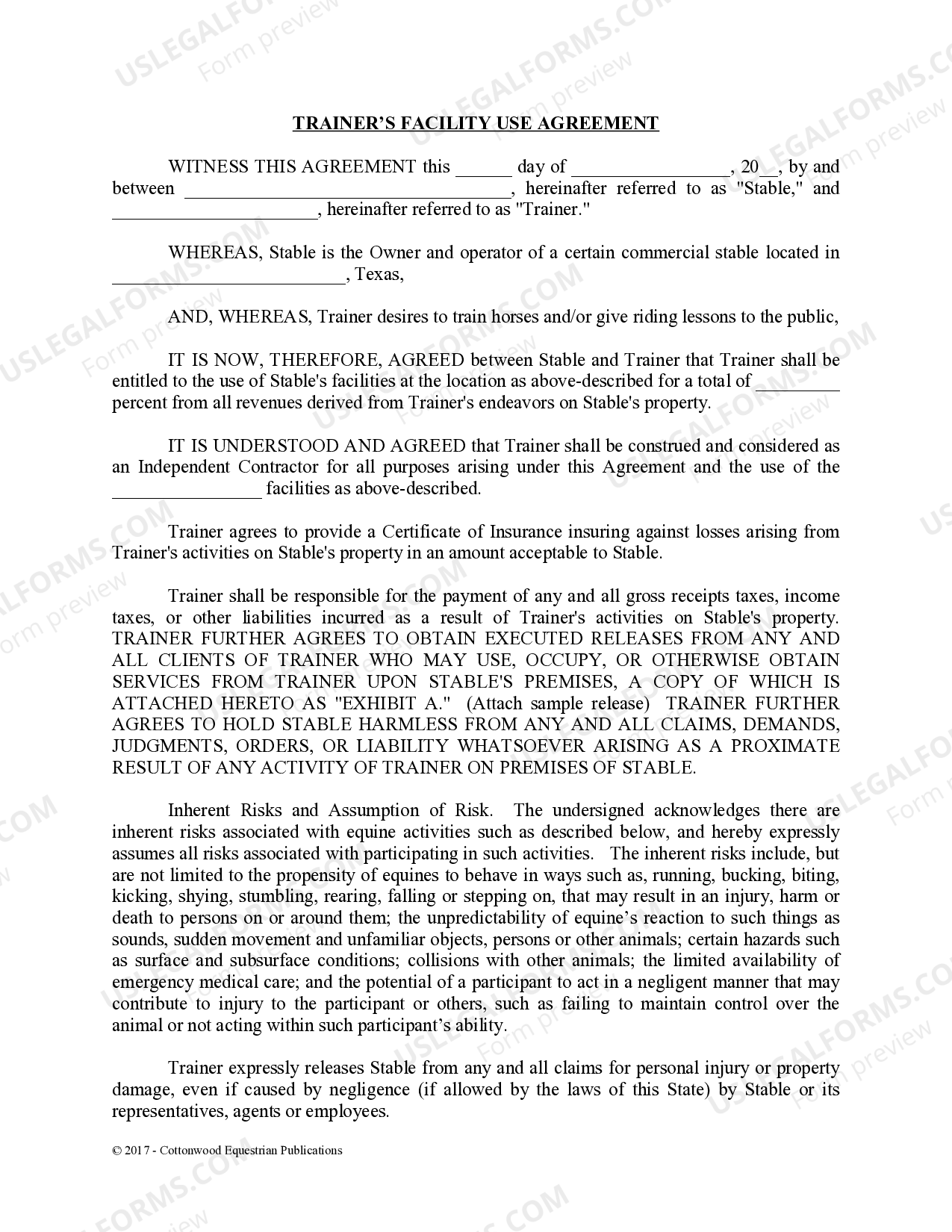 Texas Trainer's Facility Use Agreement Horse Equine Forms US Legal