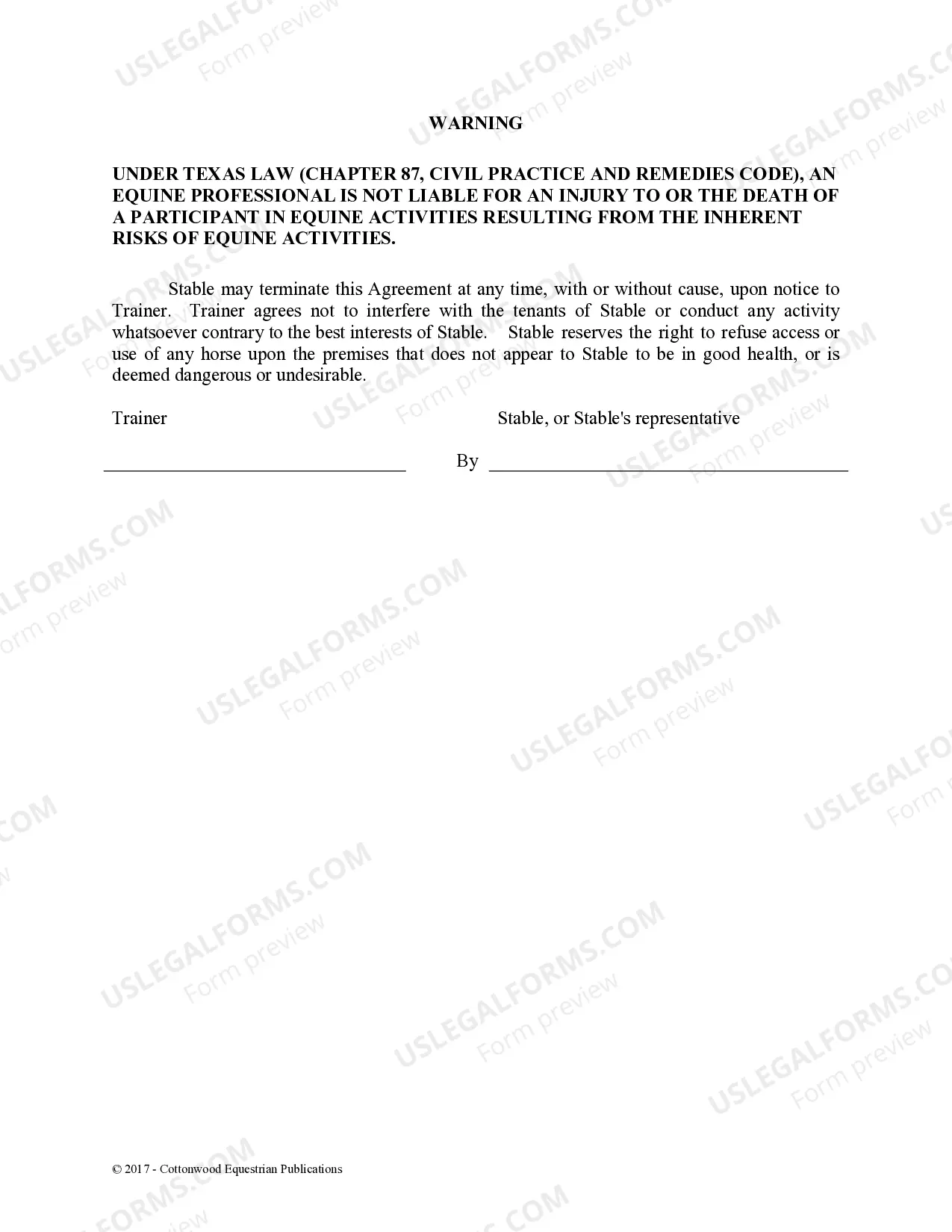 Preview Trainer's Facility Use Agreement - Horse Equine Forms