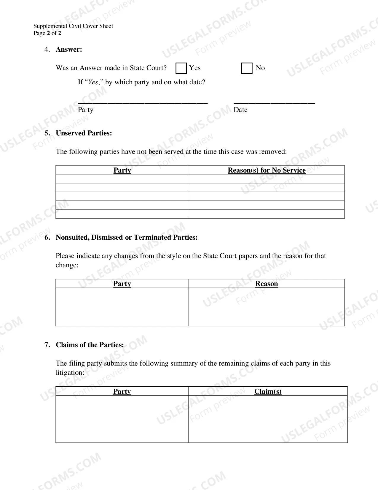 Preview Supplemental Civil Cover Sheet (for use in Removal cases only)